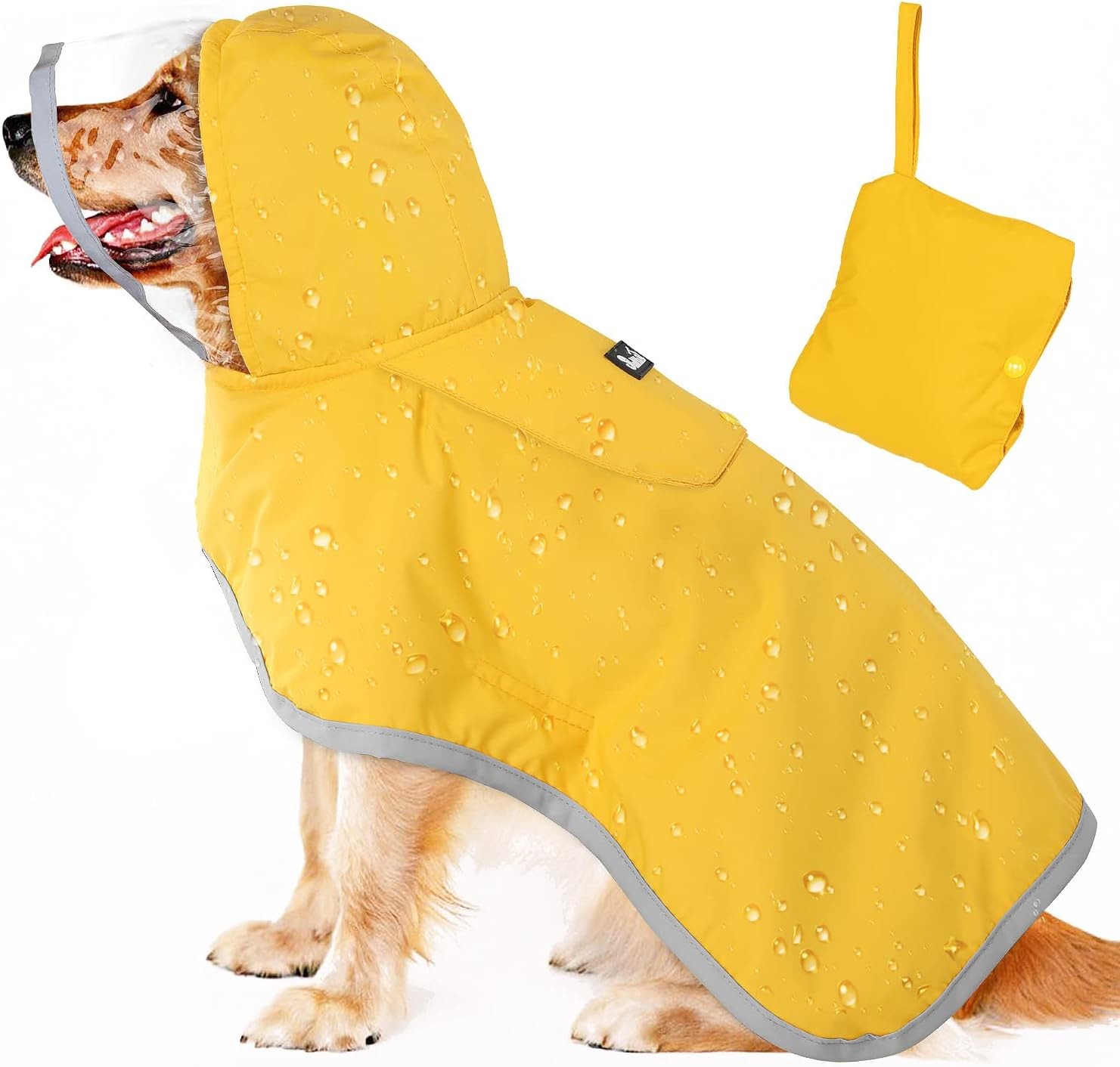 Dog Waterproof Raincoat with Poncho Hoodie, High Reflective Adjustable Yellow