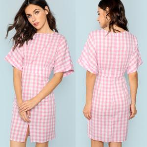 China Fall Apparel For Women Rolled Up Sleeve Wide Waistband Plaid Dress factory
