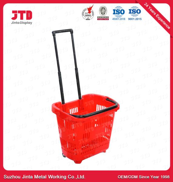60L Plastic Rolling Shopping Basket HDPP Shopping Basket On Wheels With Pull