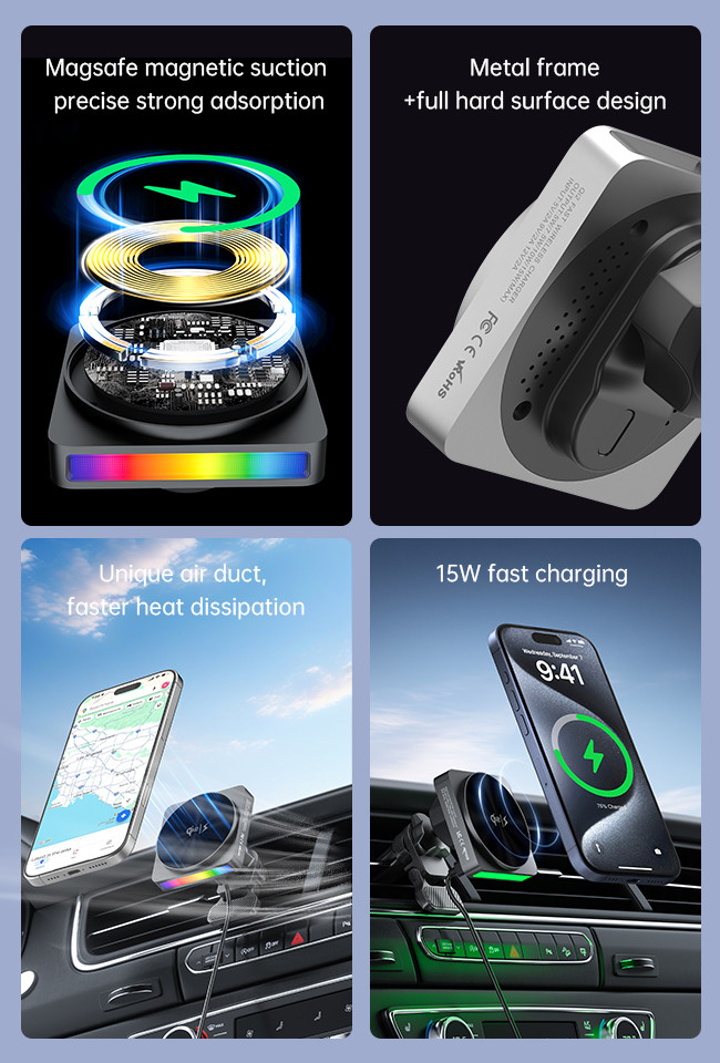 Advanced Iphone Charger Stand 9 Light Colors Switching Car Magnetic Wireless Charger With 15w Fast Charging Thin And Durable