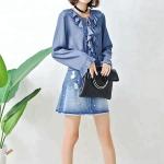 Fashion Ruffle Tie Denim Blouses And Tops , Women's Denim Shirts Long Sleeve