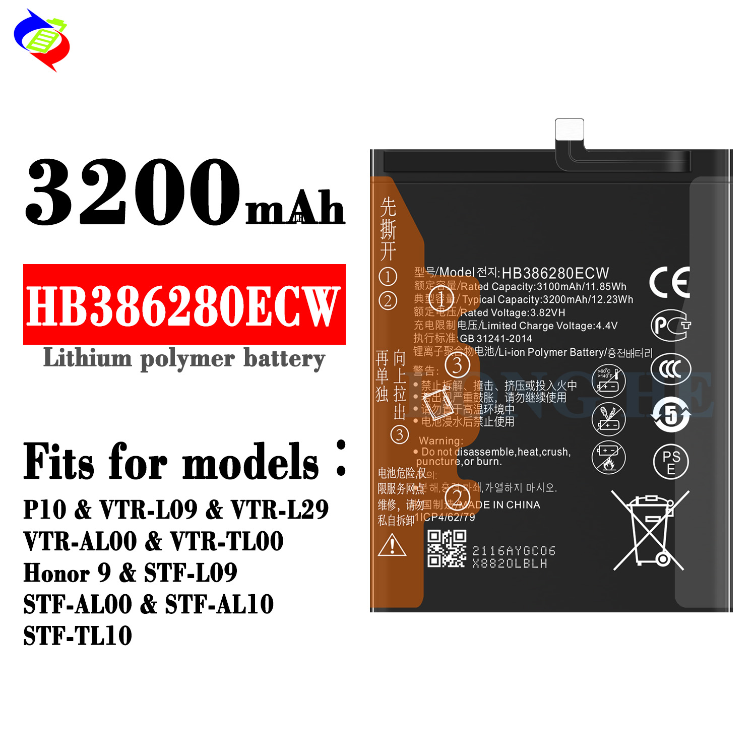 3200mAh Rechargeable Batteries for Huawei Ascend P10 HB386280ECW Phone Battery