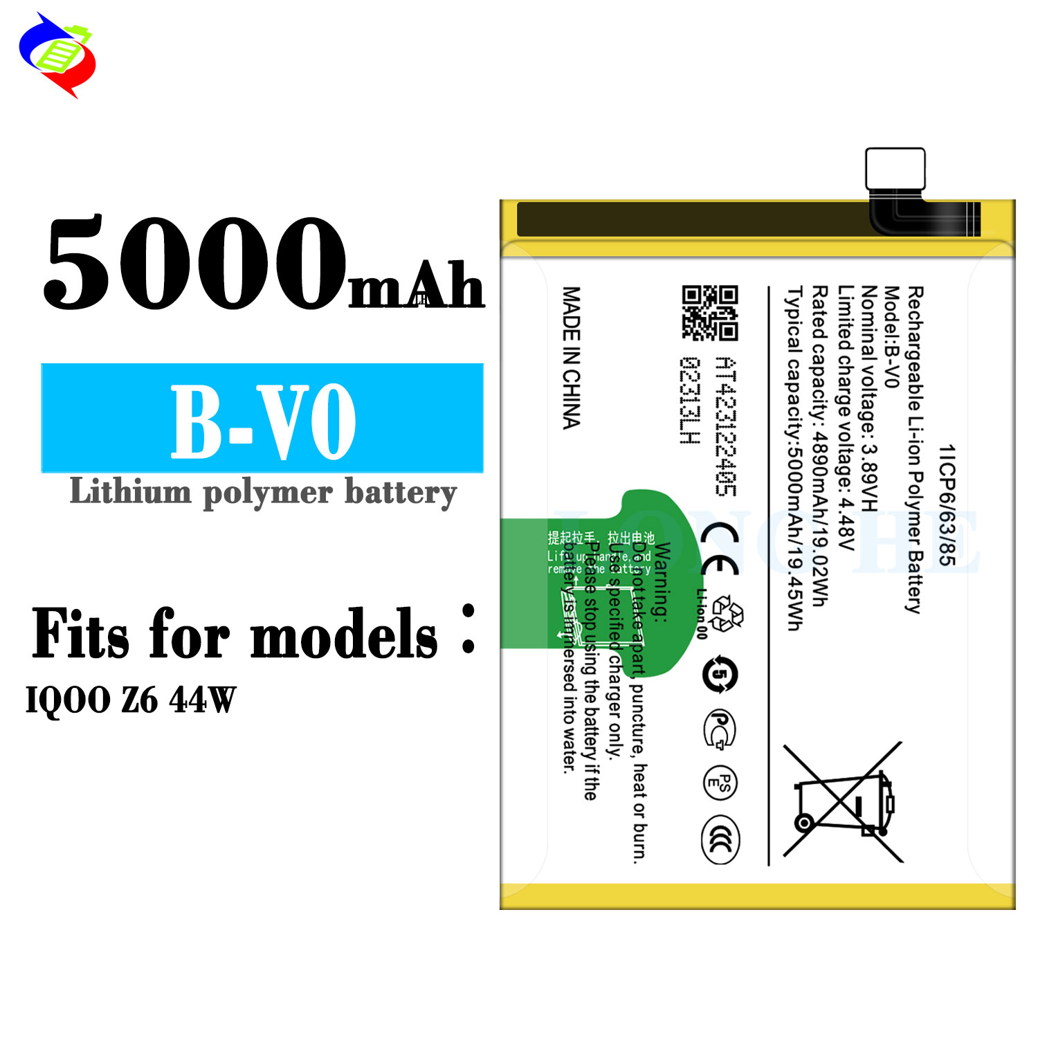 Yellow Lithium Polymer Battery for VIVO IQOO Z6 B-V0 4.48V 5000mAh Original 44W 44W