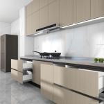 Stainless Steel Double Linear Kitchen Cabinets Light Wood Grain With Enhanced