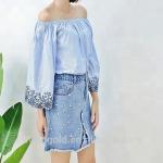 Custom Women Long Wide Sleeves Off Shoulder Blouse With Embroidery Decor