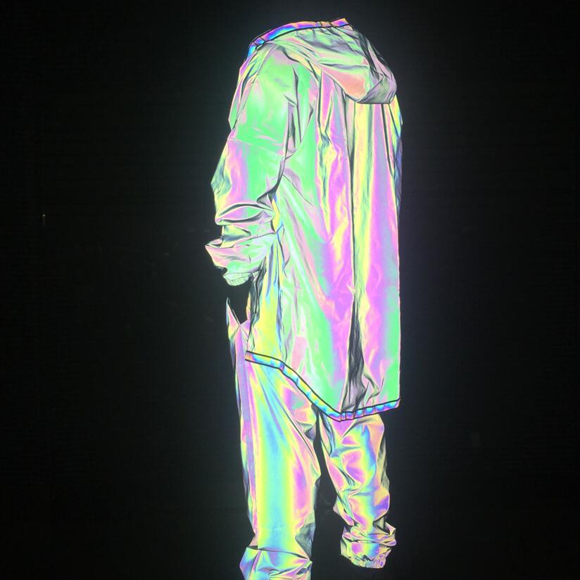 Full Zip Up Face Hood Reflective Coat Mens Rainbow Reflective Jacket Turtleneck