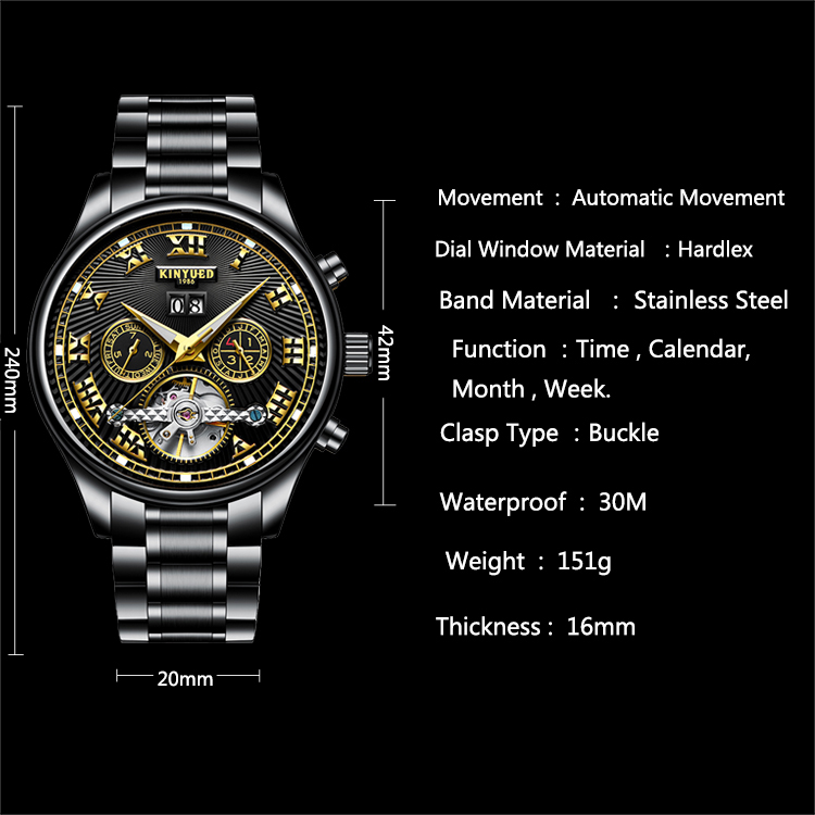 KINYUED tourbillion watch mechanical water resistant watch mens watches automatic skeleton mechanical watch