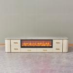 White Beige MDF Stainless Steel TV Stand 78 Inch Faux Stone Media Unit 4 Doors