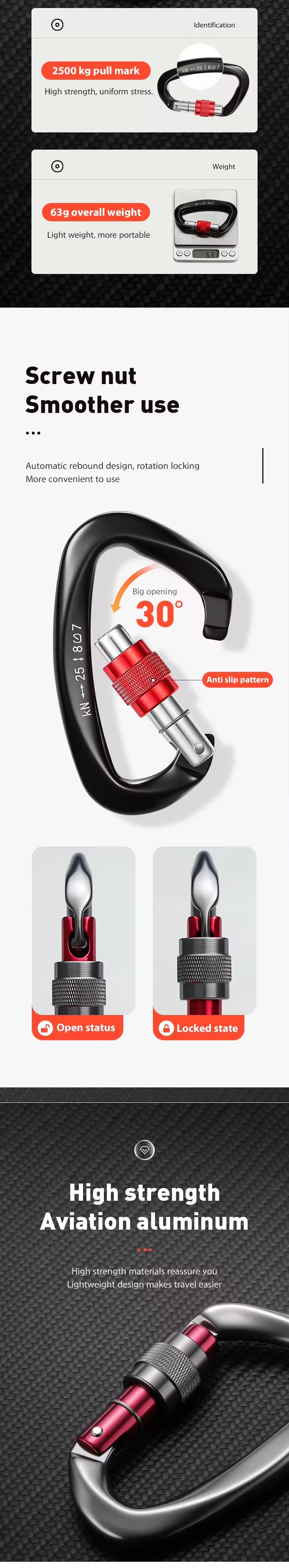 OEM Heavy Industry 35KN Aluminum Auto Mountain Climbing Swivel Clip Snap Safety Hook
