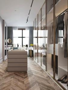 China Bedroom Modern U Shaped Walk In Closet Corner Wardrobe With Lattice Glass Waist factory