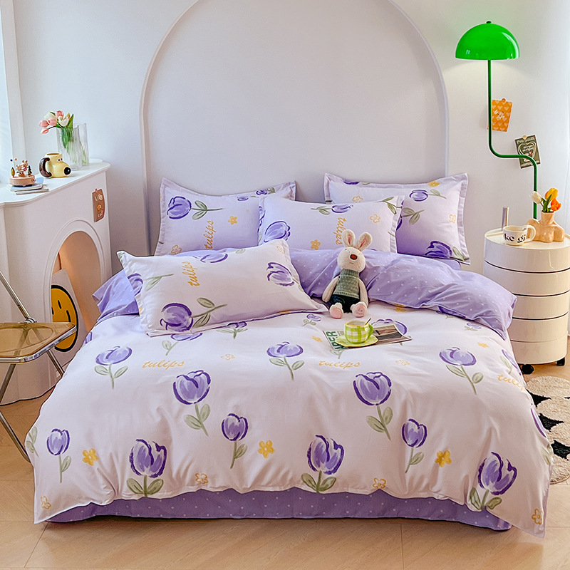 Plant Pattern Cotton Brushed Bedding Set for 2.2m 7 feet Bed Simple Design