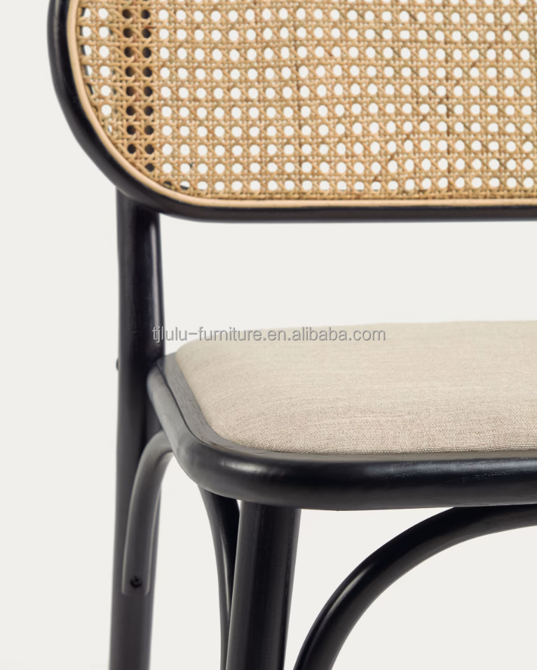 Vintage Style Dining Chair in Natural Wood with Fabric Seat and Real Rattan Backrest W47*D51*H82.5CM