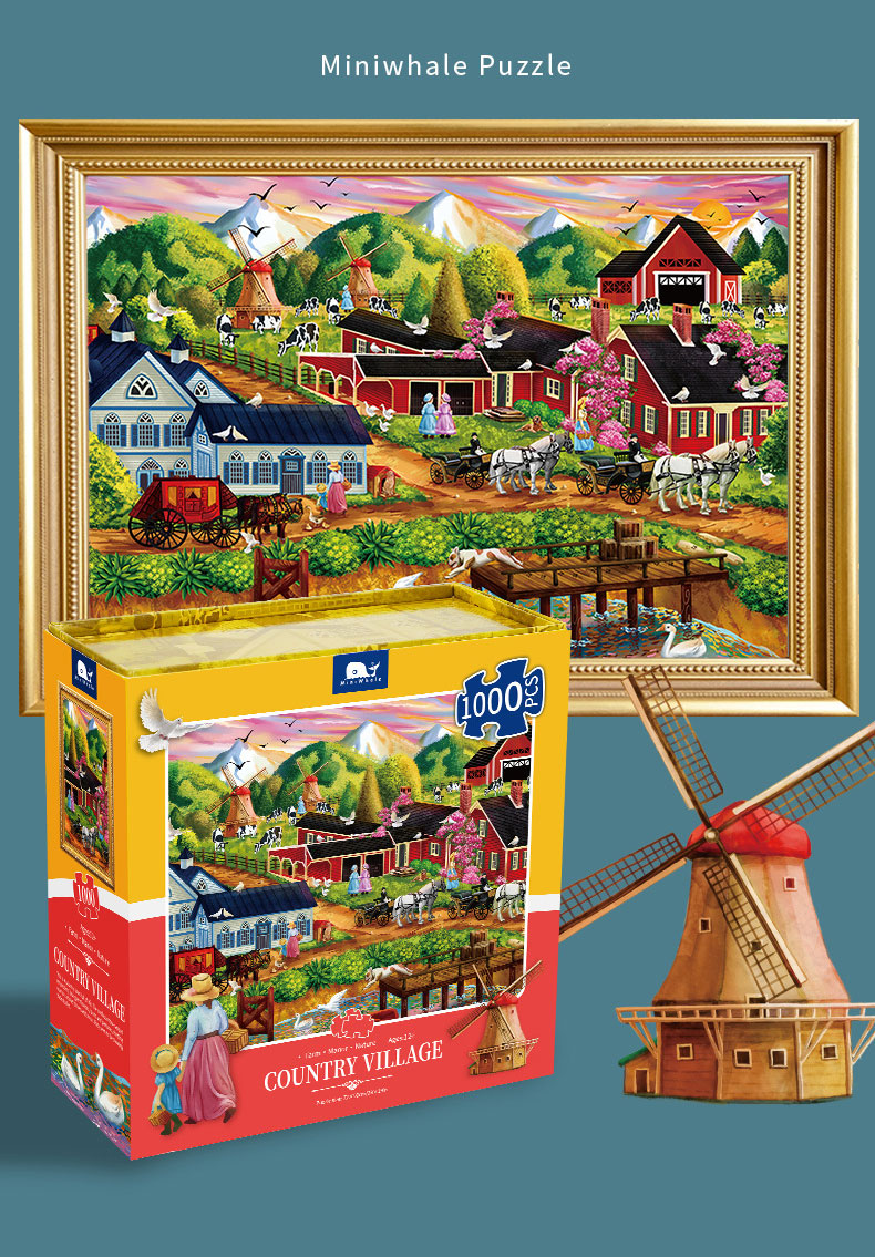 1000-Piece Jigsaw Puzzle Set Beautiful Rural Town Oil Painting Ideal Gift for Adults