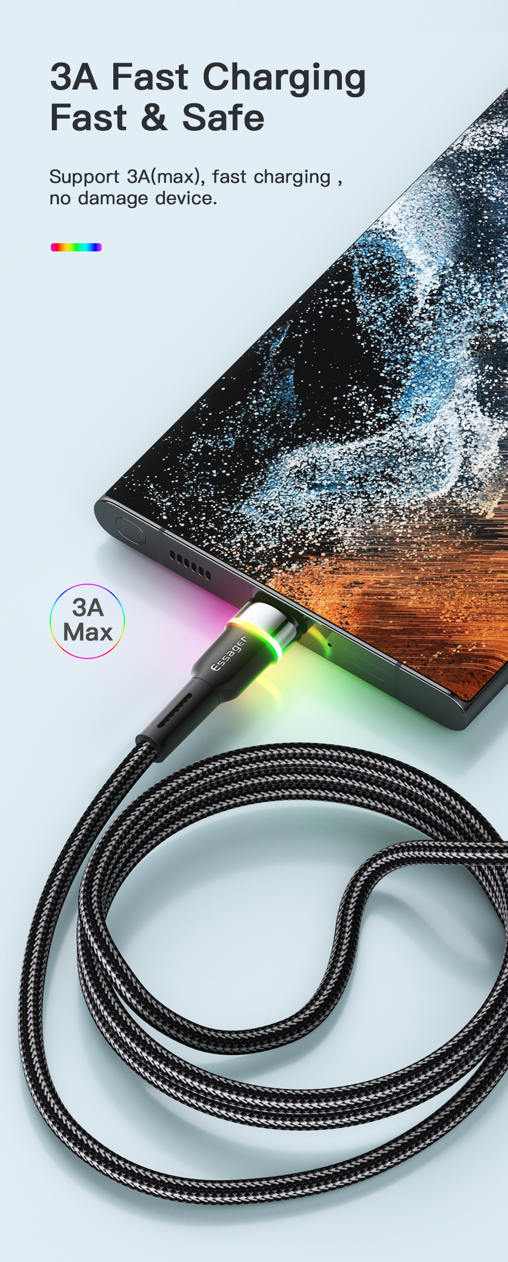 Color Indicator LED Light USB A To C Cable Fast Charging 3A USA Stock