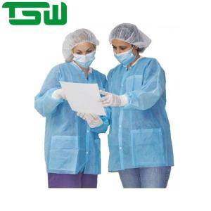China Lint Free PP Disposable Lab Coats 30gsm With Knitted Collar factory