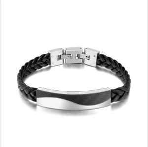 China Mens Thin Leather Stainless Steel Bracelet Magnetic Buckle Customizable Engraved LOGO factory