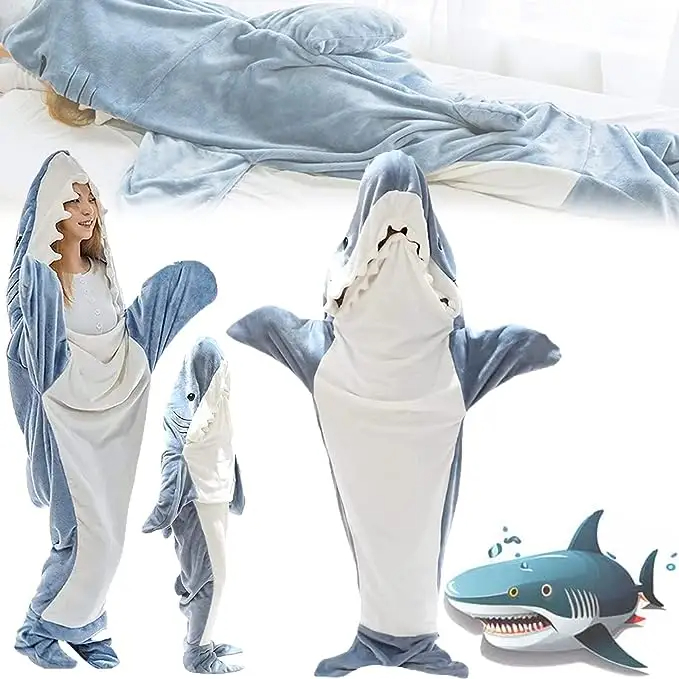 Brushed Pattern Shark Blanket Hoodie Super Soft Flannel Wearable for Adults and Children