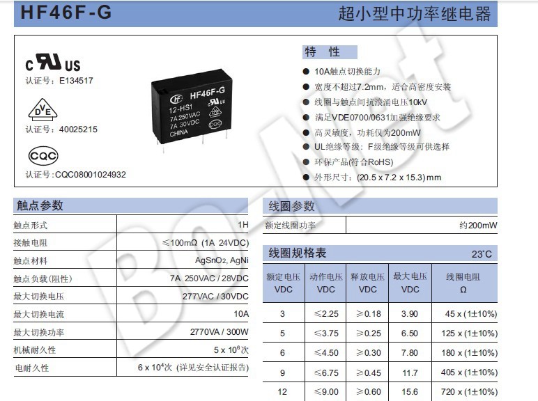Low Power 250VAC Miniature Power Relay 7A 10A Hongfa HF46F-G-024-HS1
