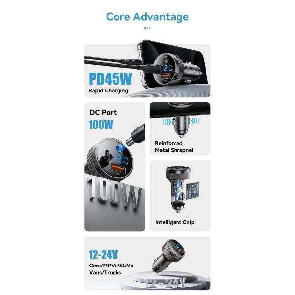 ESSAGER ES-CC26 150W USB C USB A DC 3 Port Fast Car Charger With Digital Display