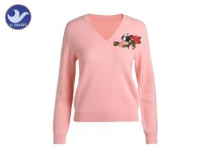 China Pink Women's Long Sleeve Sweaters , V Neck Knitted Jumper Dog Flower Embroidered Patch factory
