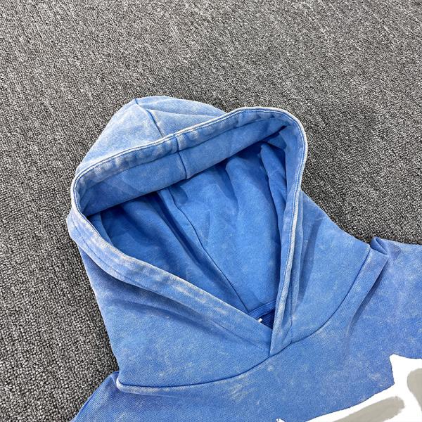 Custom logo Retro French Terry Blue Distressed Hoodie Acid Wash Vintage Pullover Fashion Streetwear Hoodie