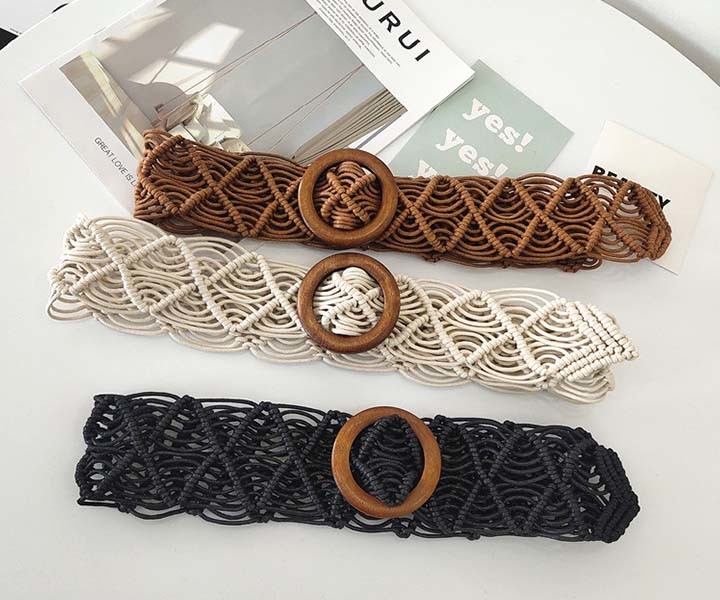 5cm Width Woven Cotton Waist Belt Round Wooden Buckle