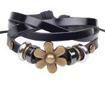 Black twisted leather brass flower charm bracelets, strands leather bracelets
