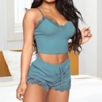 2 Piece Ladies Comfortable Sling Solid Sexy Lace Sleepwear Suit Seductive Pajama