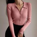 2023 Lapel Slim Top Women′s Hollowed out Button Sexy V-Neck Long-Sleeved Polo
