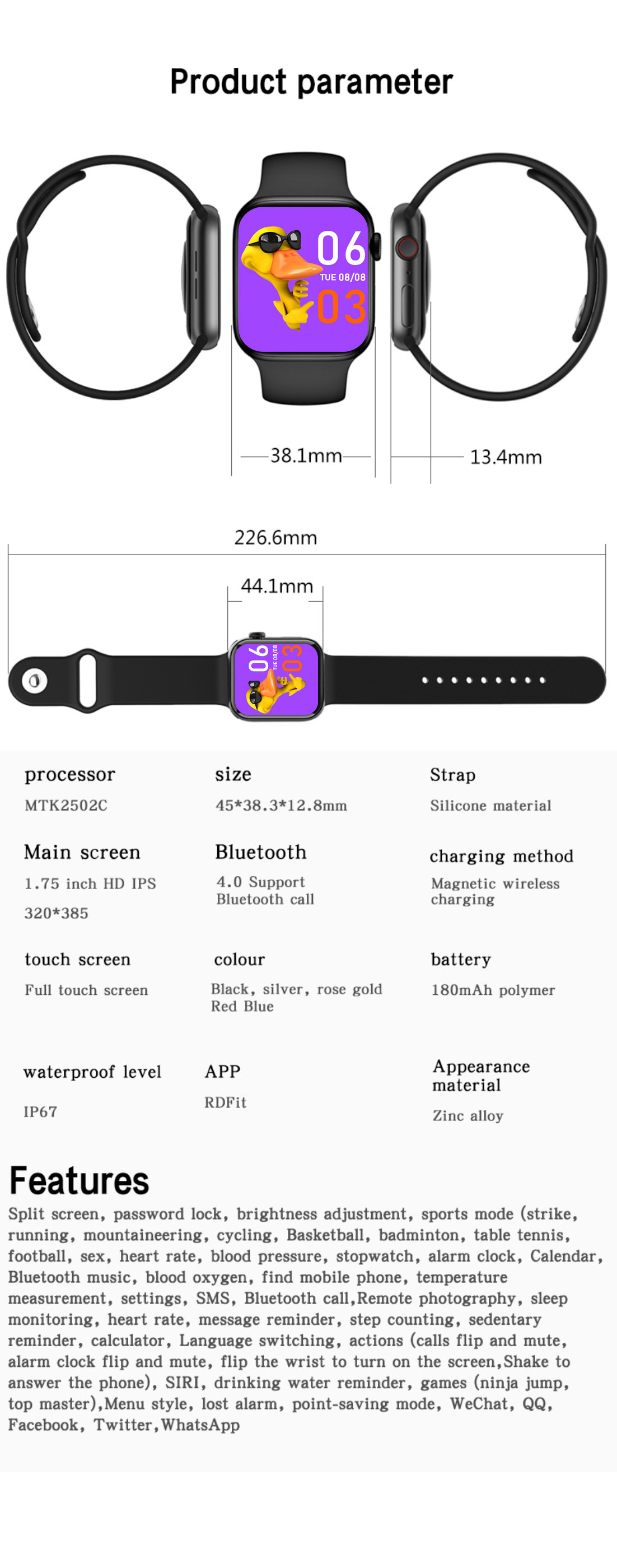 1.75 Inch Ble 3.0 Full Touch Fitness Tracker GTS Blood Pressure Smartwatch