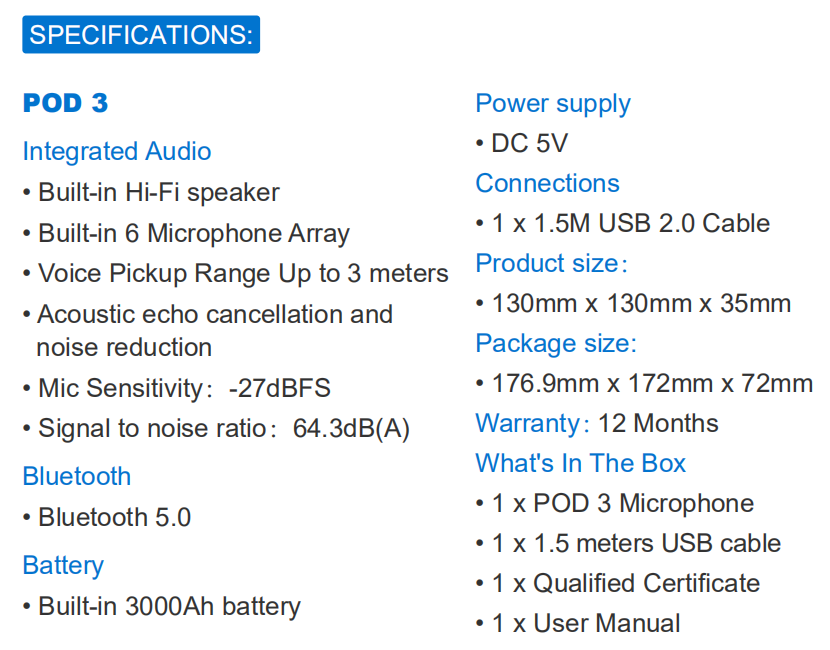 usb wireless plug and play audio system omnidirectional conference microphone or speakerphone with battery