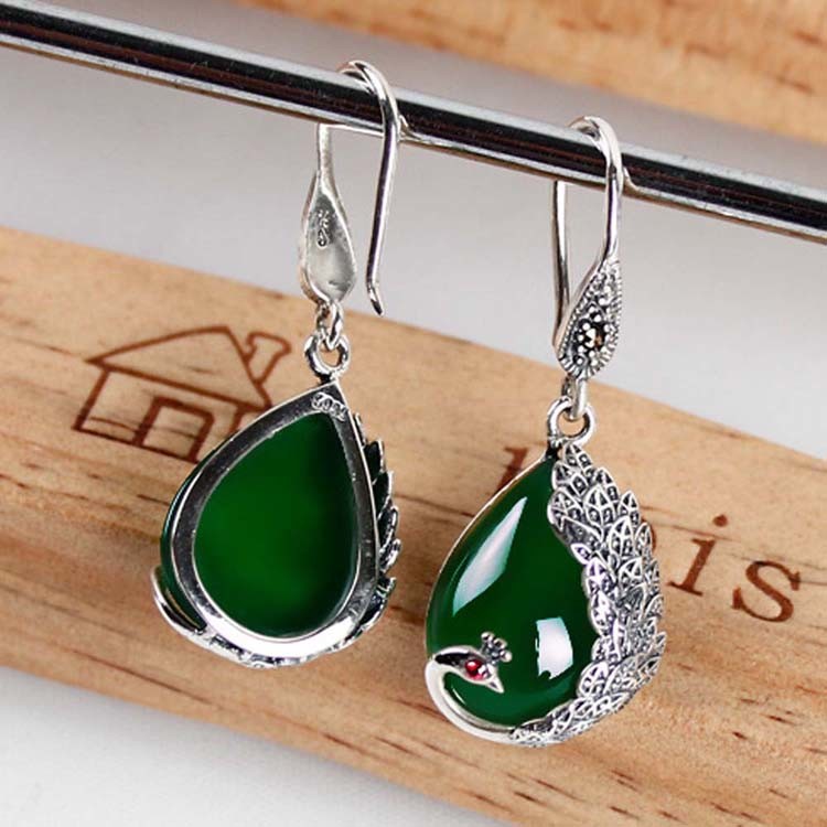 Thai Sterling Silver Green Chalcedony Drop Retro Earrings (E170619GREEN)