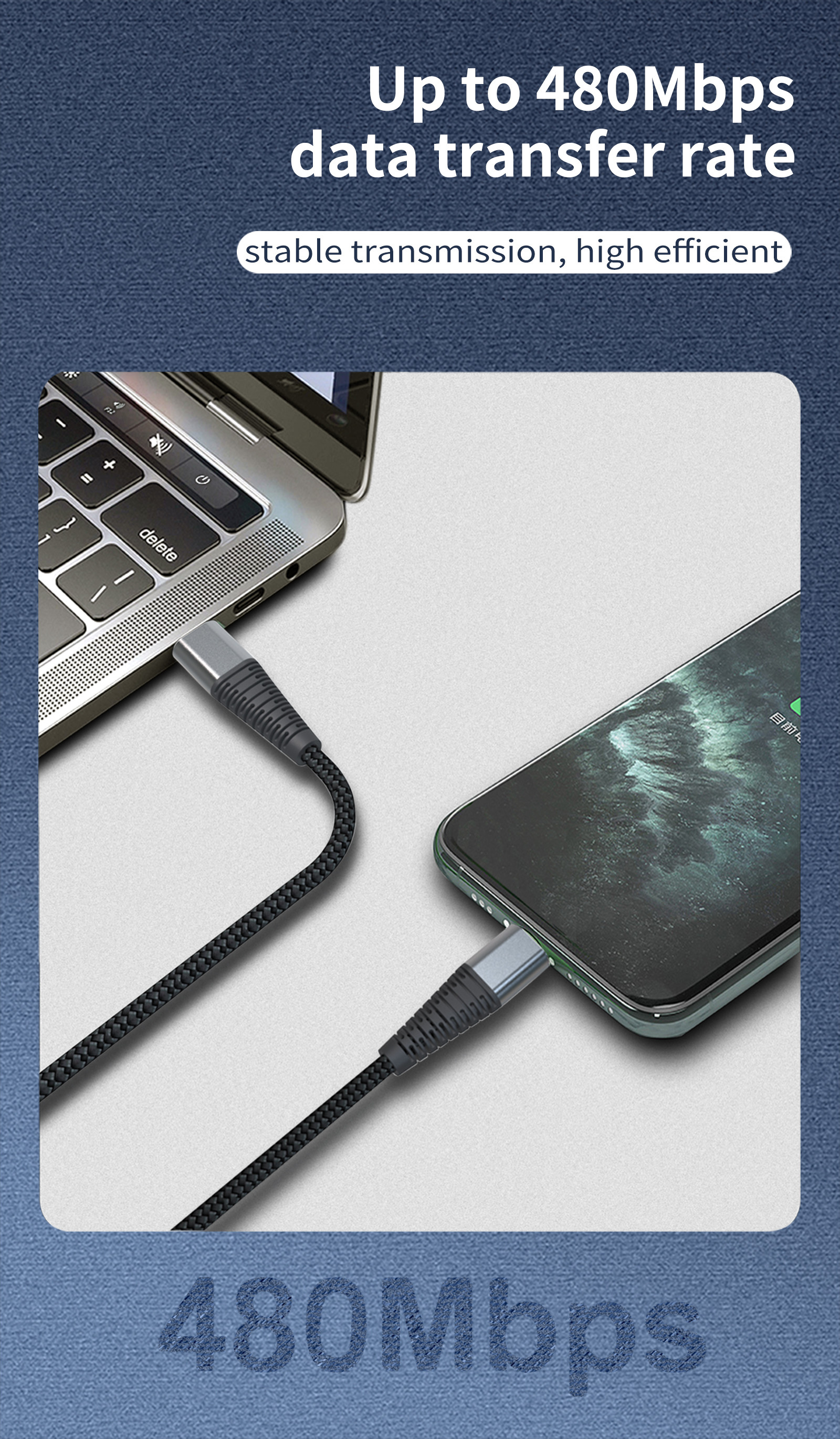 PD 100W 20V 5A Black USB Type C Charging Cable For Data Transmission