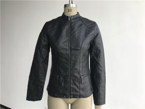 China Black Ladies PU Jacket With Gunmetal Zip Through And Mandarin Collar TW76431 factory