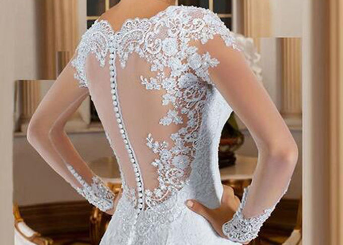 Long Sleeve Lace Mermaid Bridal Gowns Pure White Beading Perspective Back