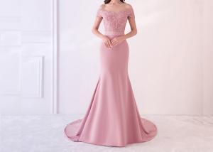 China Off Shoulder Pink Mermaid Bridesmaid Dresses Lace Beading Elastic Sweep Train factory