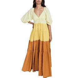 Ladies V Neck Puff Sleeve Dress for Women Color Block Clothing Manufacturers Elegant Nylon Custom Logo Maxi Dress