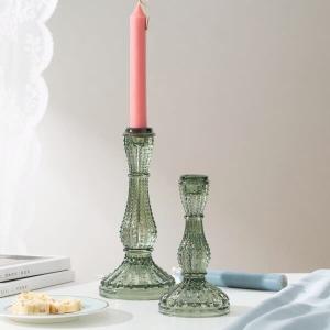 China Green Color Glass Candle Holder Taper Candlestick Machine Made factory