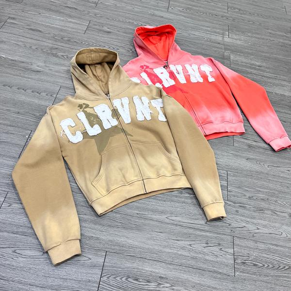 Custom Streetwear Applique Distressed Embroidery Patches Sun Faded Zip Up Hoodie Set Tracksuit Sweatpants Joggers Set