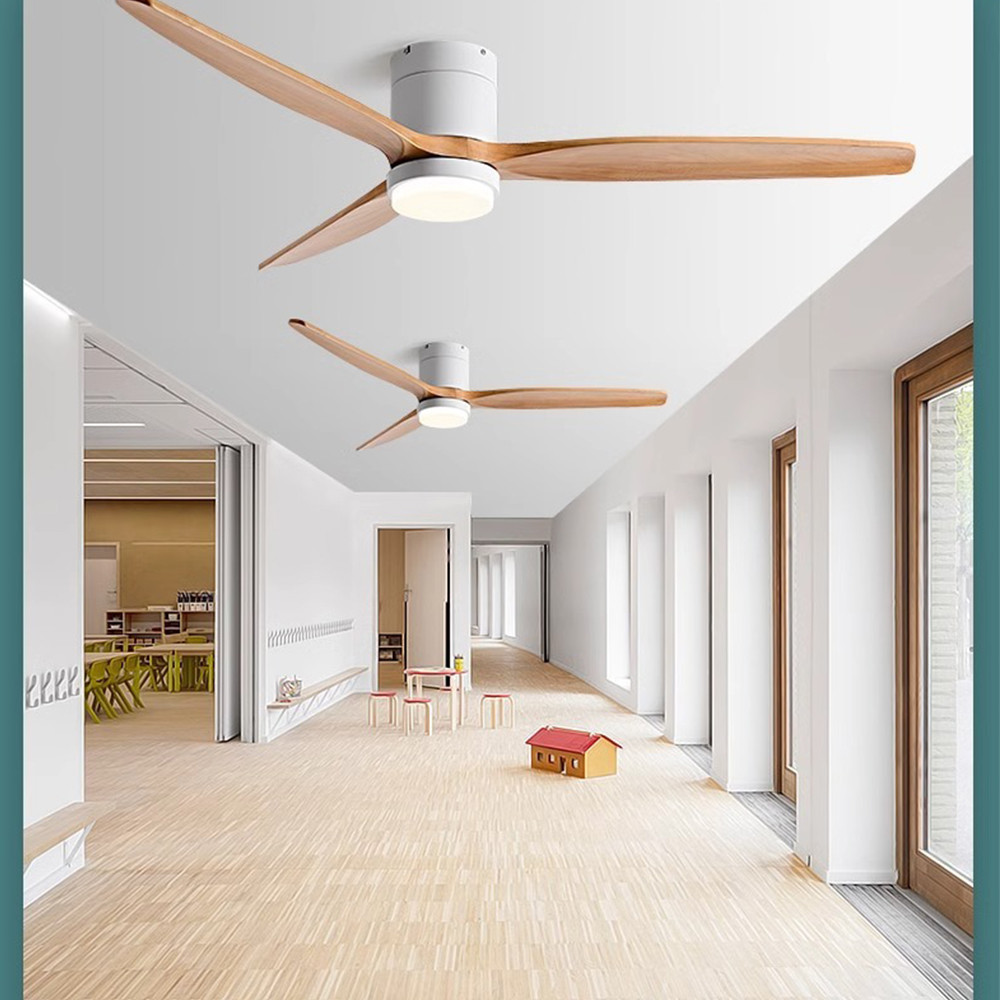 Hot Selling Wooden 52 Inch Modern 3 Leaf Intelligent Remote Control LED Decorative Ceiling Fan with Light
