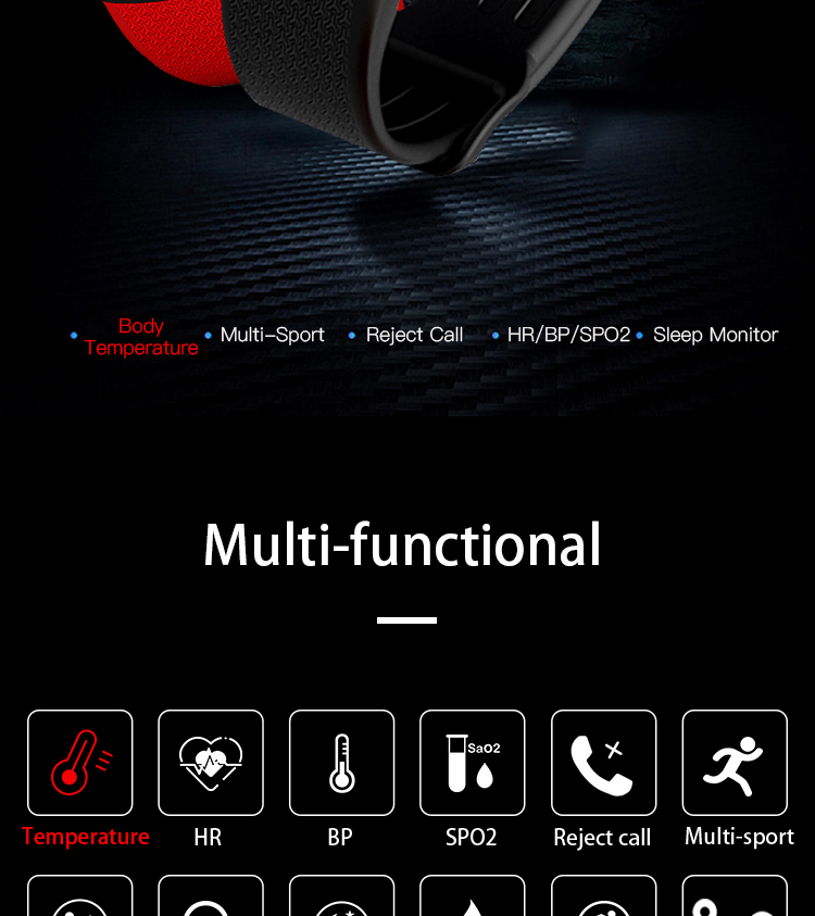 Reloj B5W Sport Touchscreen Smartwatch IP67 body temperature band Thermometer Bracelet