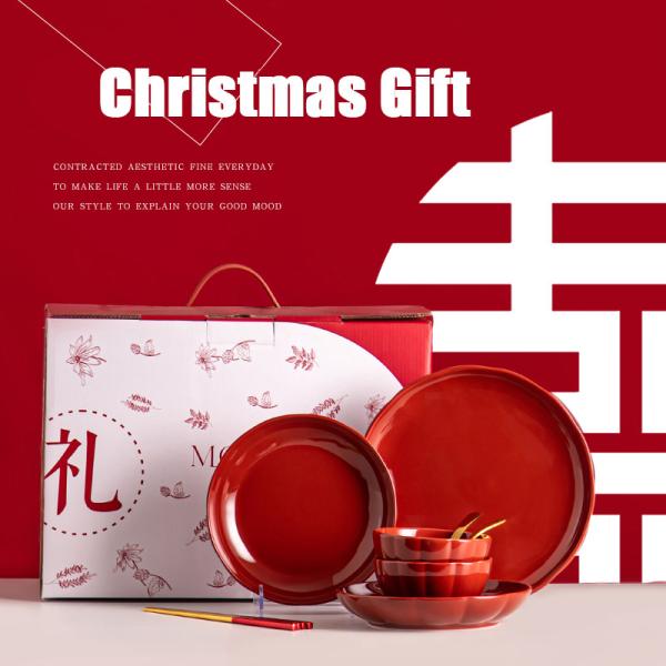 OEM And ODM Red Glaze Christmas Dinnerware Set Ceramic Bowl Porcelain Plate For