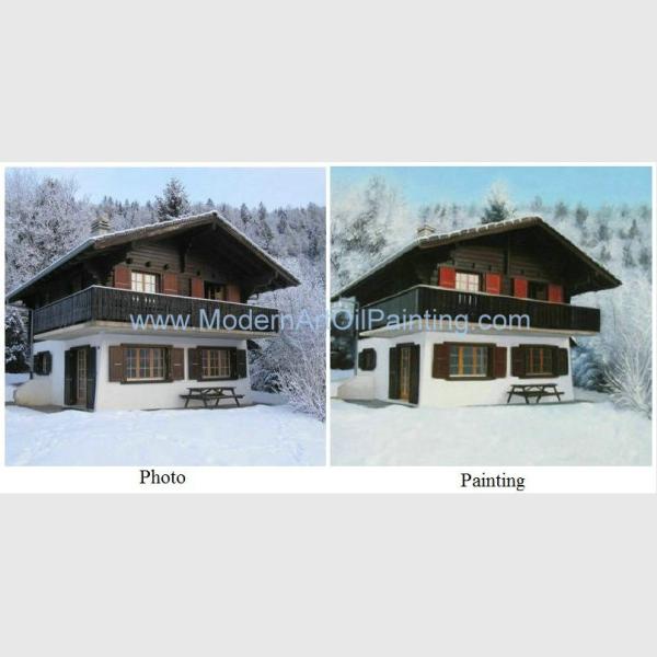 Stretched House Portrait Oil Painting From Photo , Realistic Scenery Canvas Art