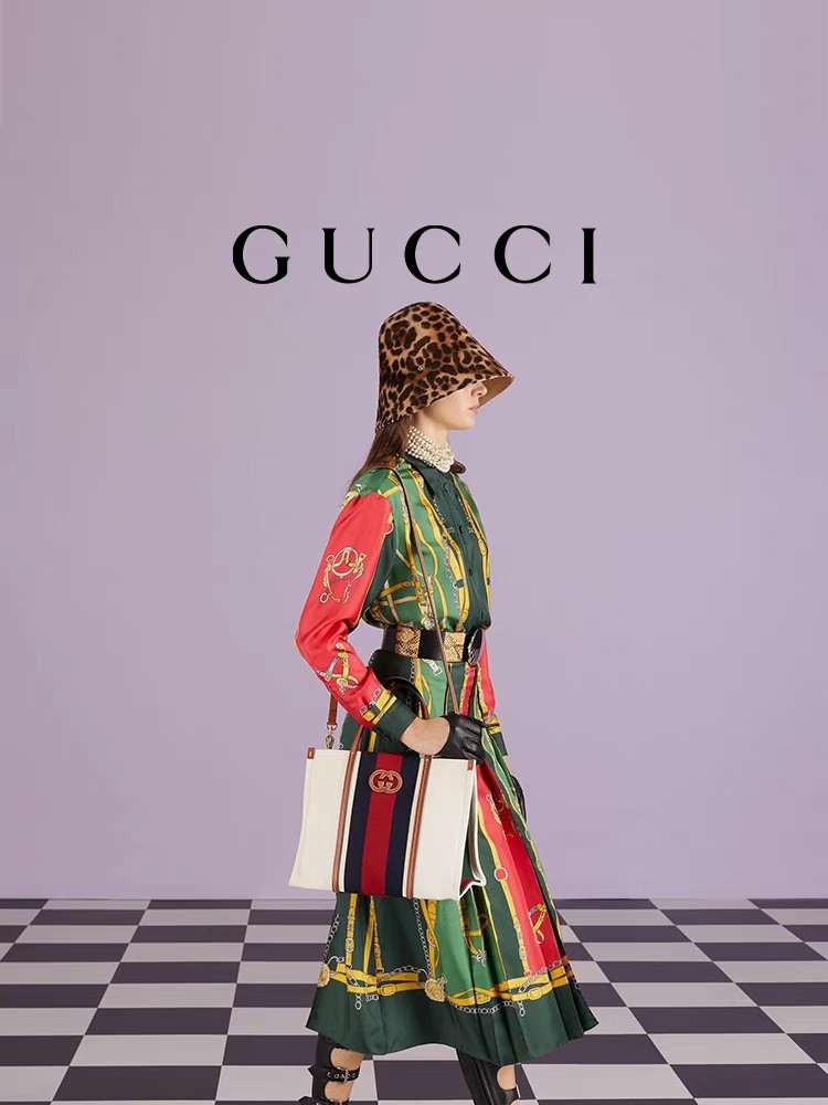 Gucci White Cotton Canvas Mini Blue Striped Tote Bag Interlocking G