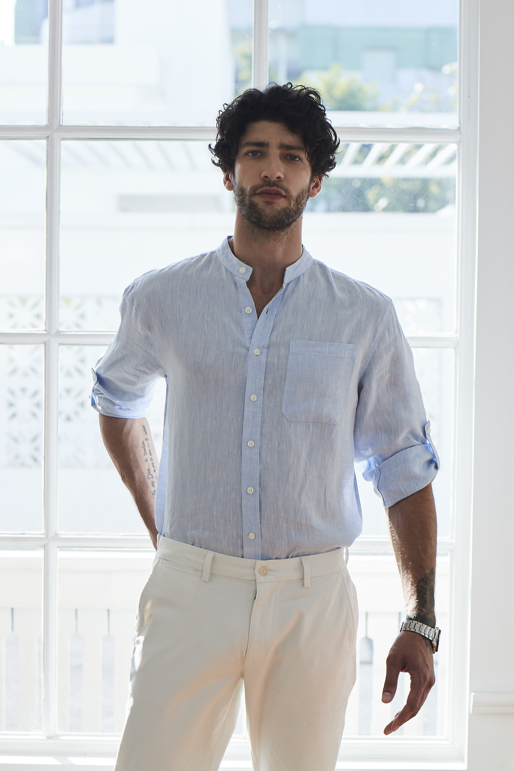 Multicolored Woven Custom Mens Casual Linen Shirts Banded Collar Standard Fit