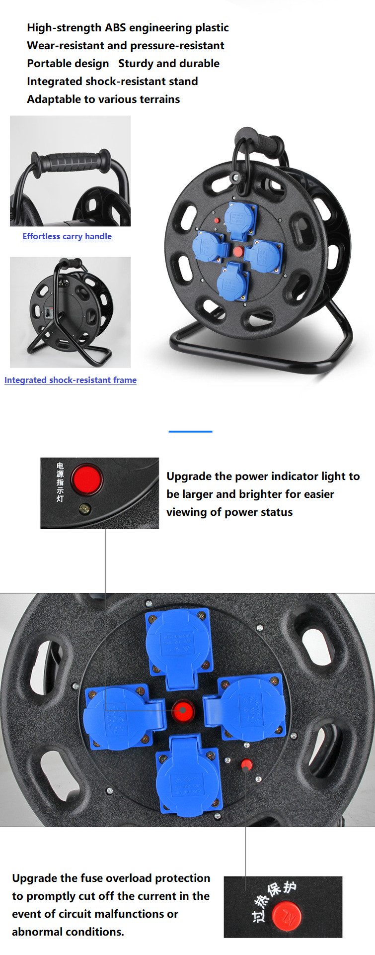 Customizable 100m EU Cable Reel Electrical Retractable Extension Cord Reel Portable Industrial Equipment 16A Power Cord