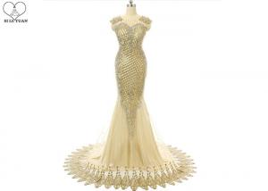 China Sleeveless Gold Long Tail Gown Lace Front Back Embroidery Beading Side Zipper factory