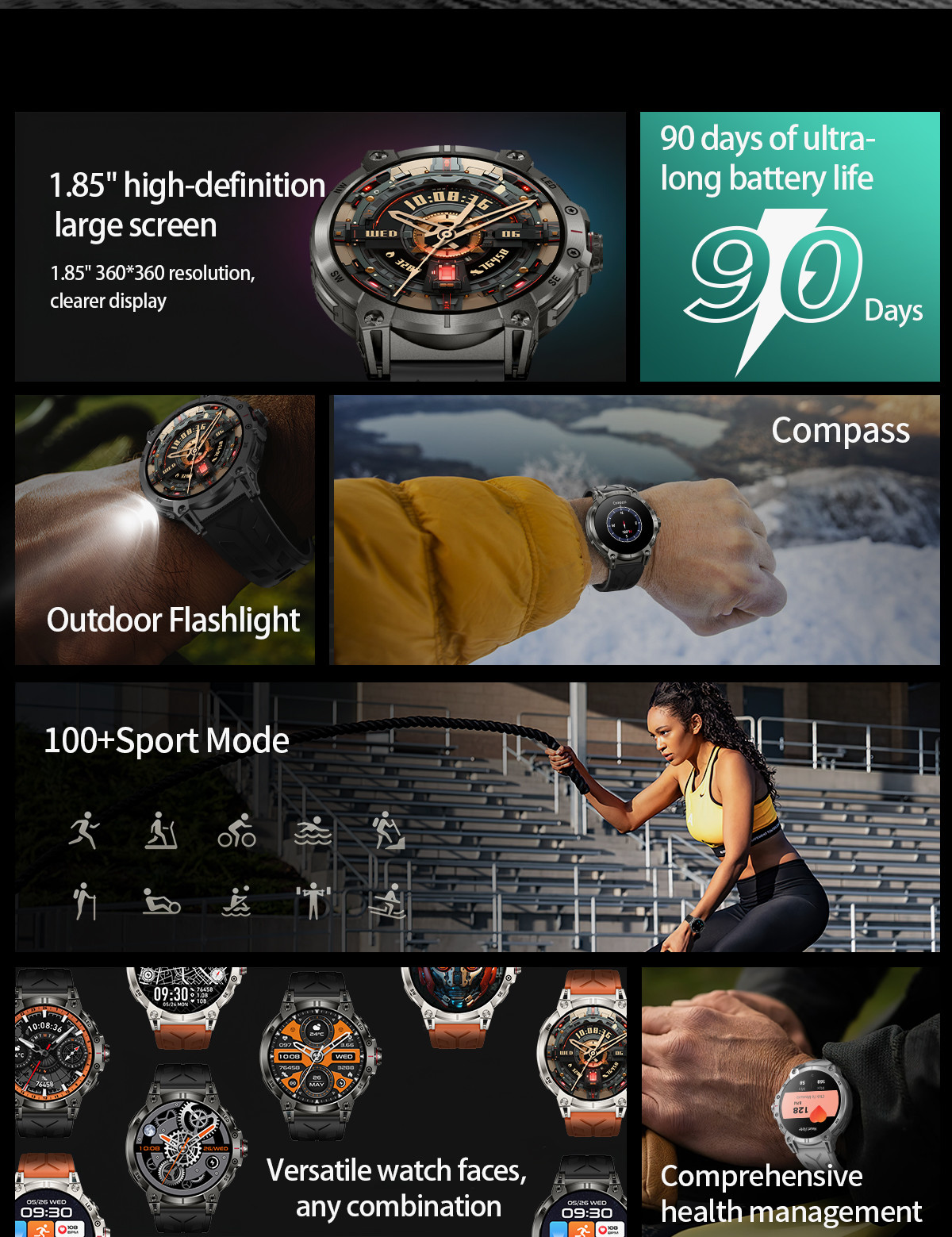 1.85" Rugged Smart Watch Touch Screen Bluetooth Calling Flashlight Compass