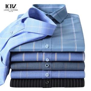 China Men's Plaid Stripe Bamboo Business Casual Anti-Wrinkle Shirt Covered Button Closure factory