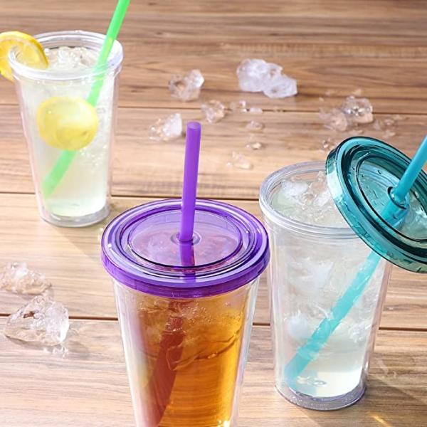 450ML Transparent Double Wall Plastic Drinking Tumblers Beverage Cup With Straw